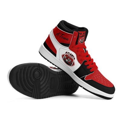 Atlanta football-inspired Jamrock High top sneakers in red, black and white with A-Town script collar and skyline artwork inside a football