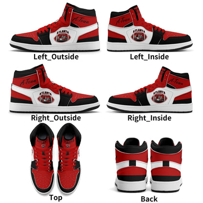 Atlanta football-inspired Jamrock High top sneakers in red, black and white with A-Town script collar and skyline artwork inside a football
