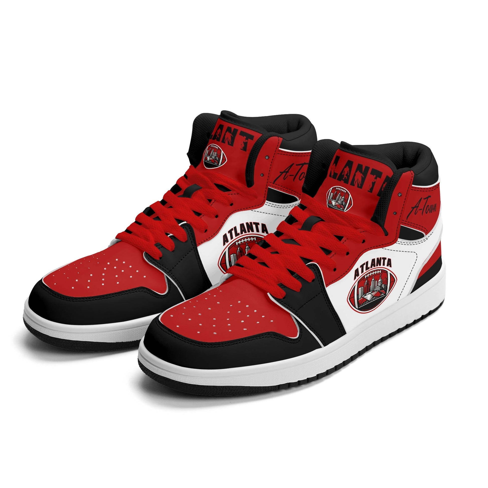 Atlanta football-inspired Jamrock High top sneakers in red, black and white with A-Town script collar and skyline artwork inside a football