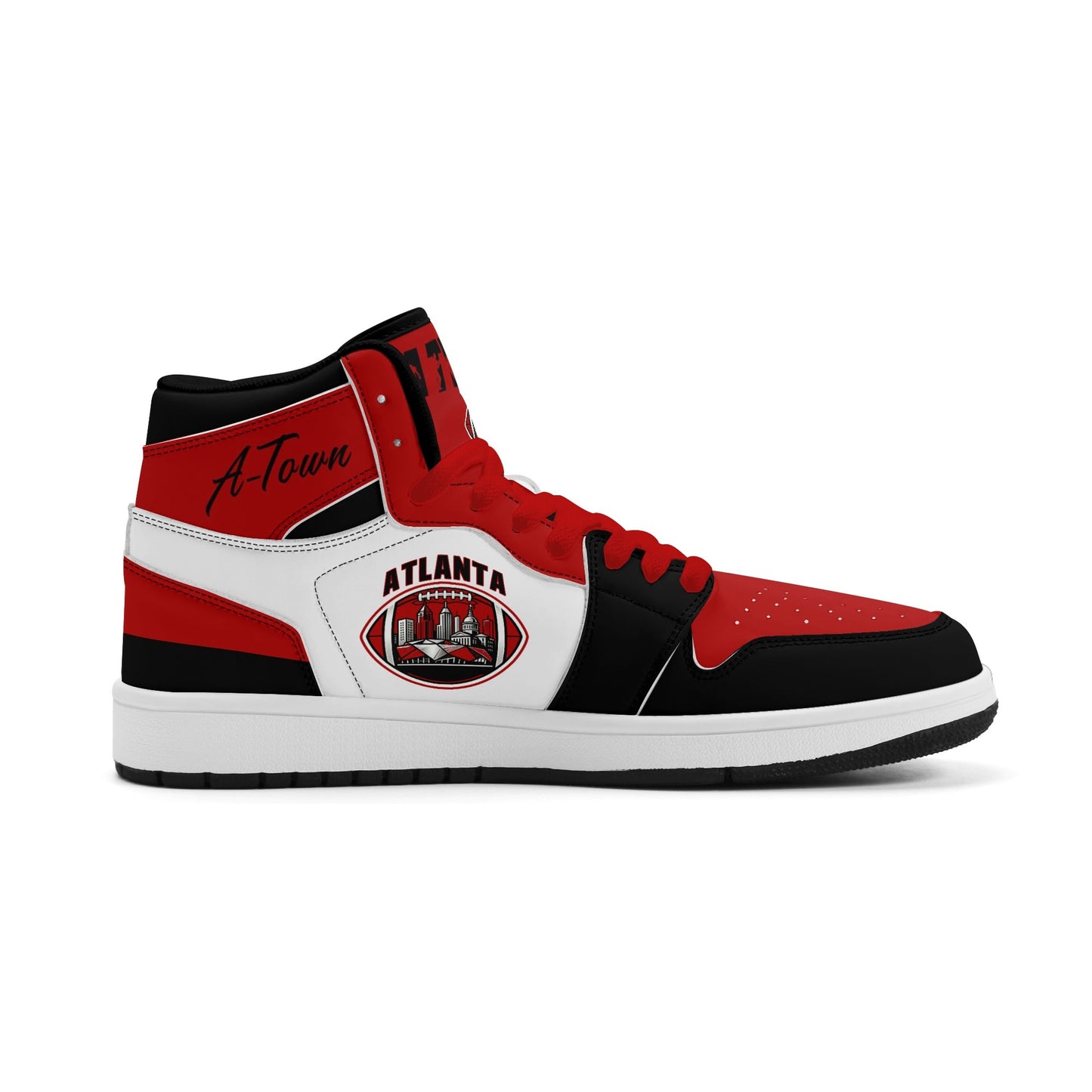 Atlanta football-inspired Jamrock High top sneakers in red, black and white with A-Town script collar and skyline artwork inside a football