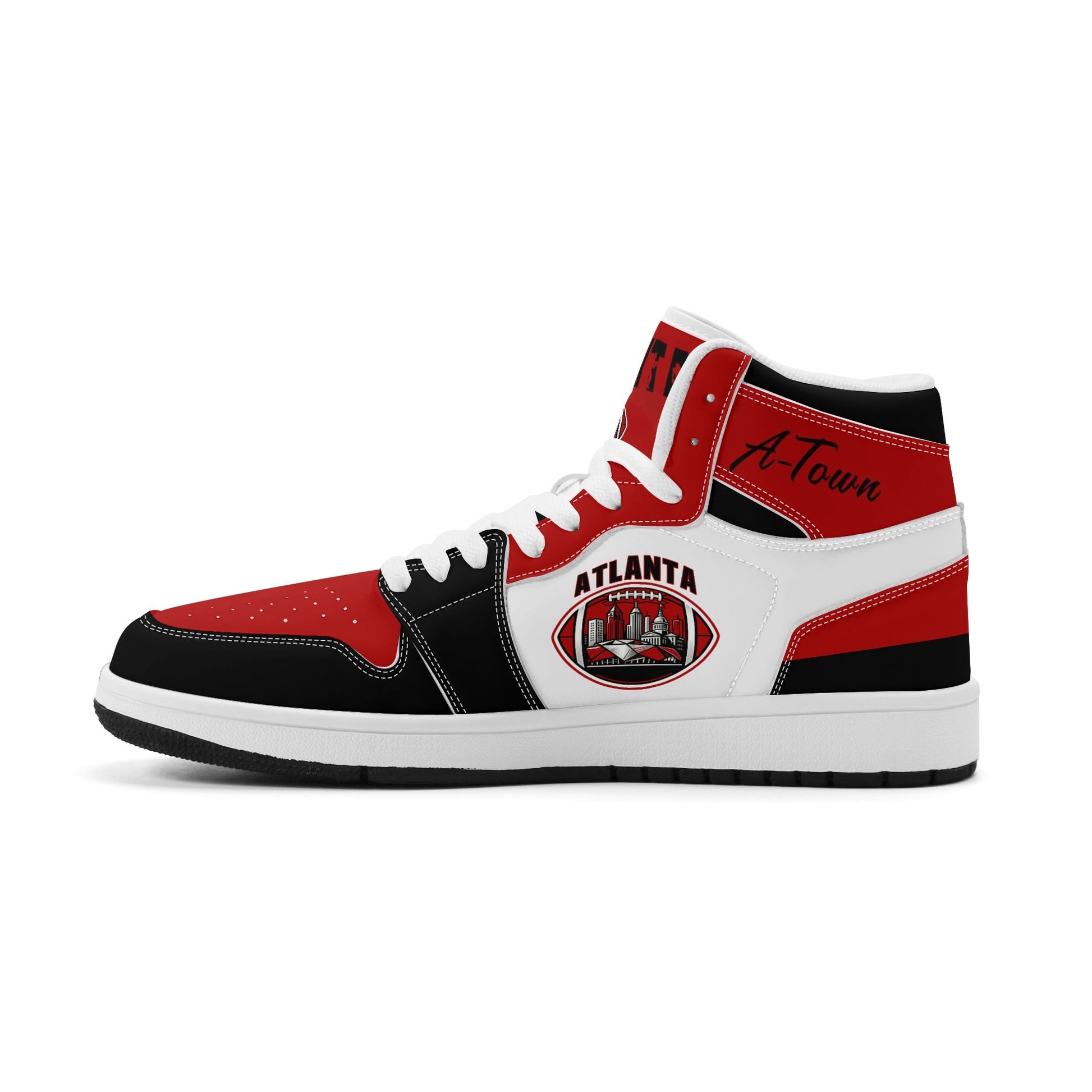 Atlanta football-inspired Jamrock High top sneakers in red, black and white with A-Town script collar and skyline artwork inside a football