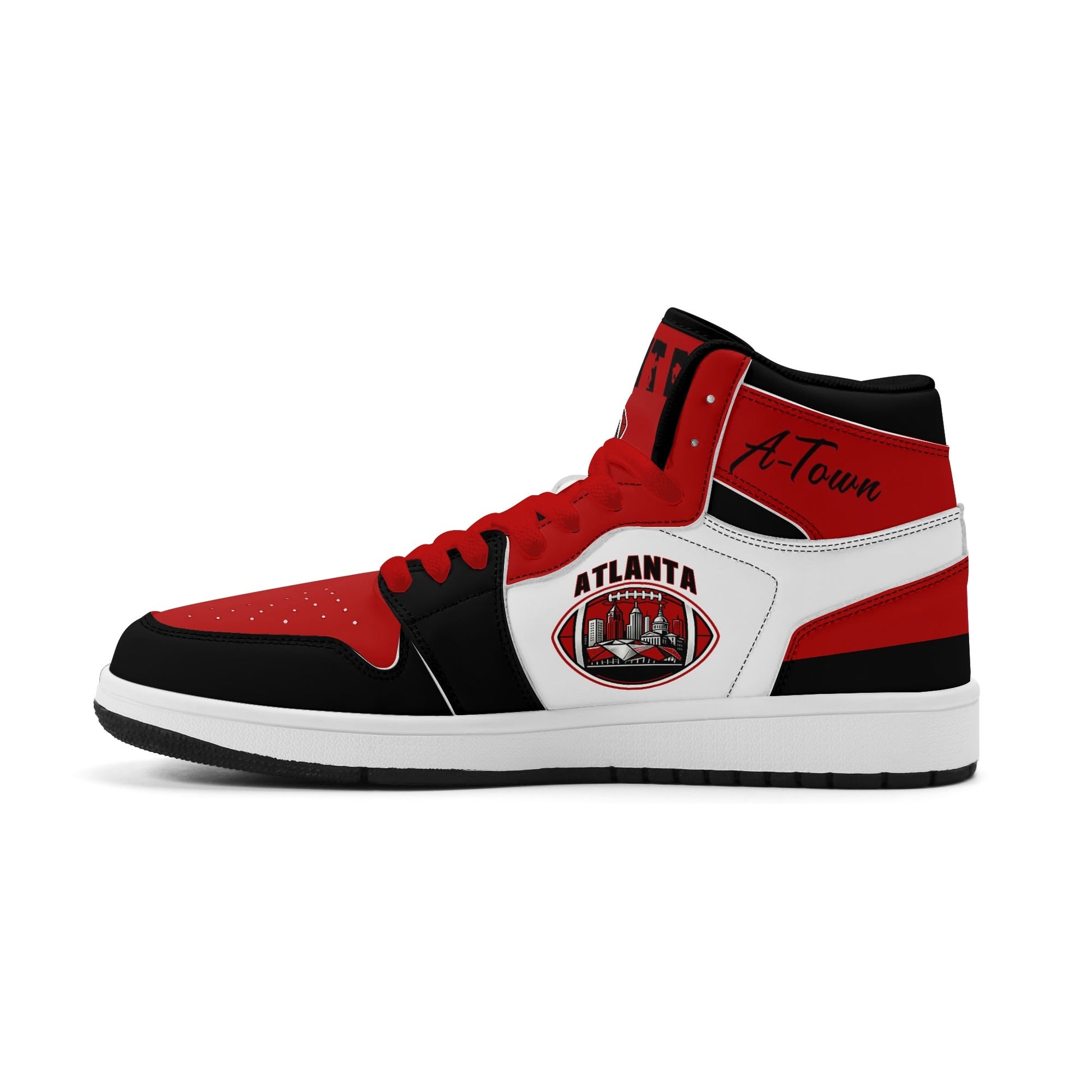 Atlanta football-inspired Jamrock High top sneakers in red, black and white with A-Town script collar and skyline artwork inside a football