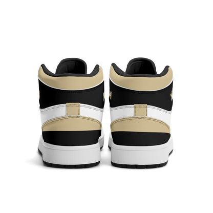 New Orleans football-inspired Jamrock High top sneaker in white with old gold and black and a French Quarter skyline football badge