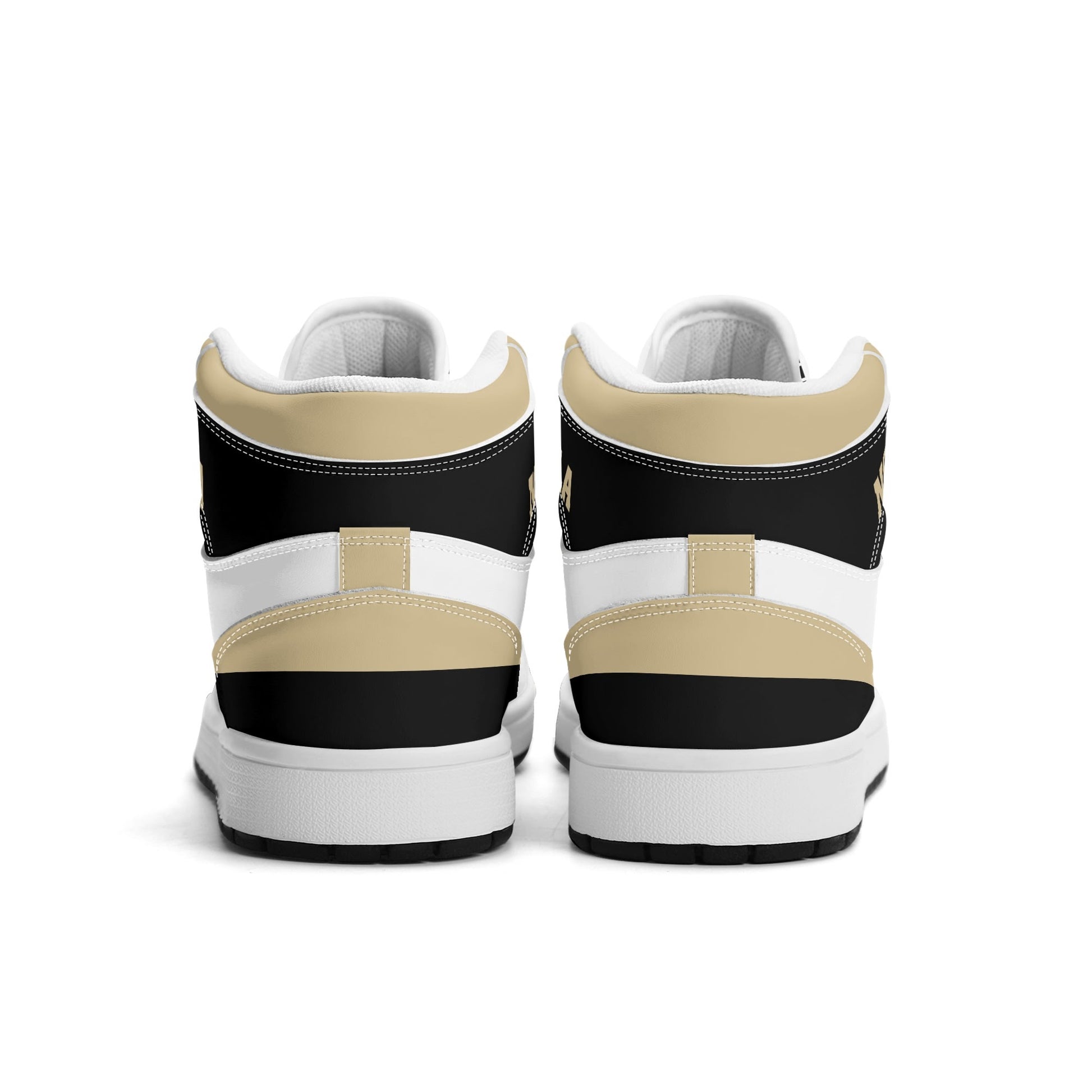 New Orleans football-inspired Jamrock High top sneaker in white with old gold and black and a French Quarter skyline football badge