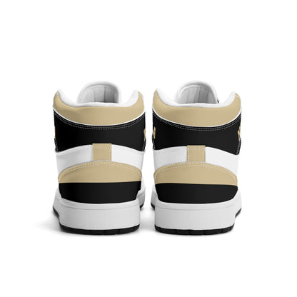 New Orleans football-inspired Jamrock High top sneaker in white with old gold and black and a French Quarter skyline football badge