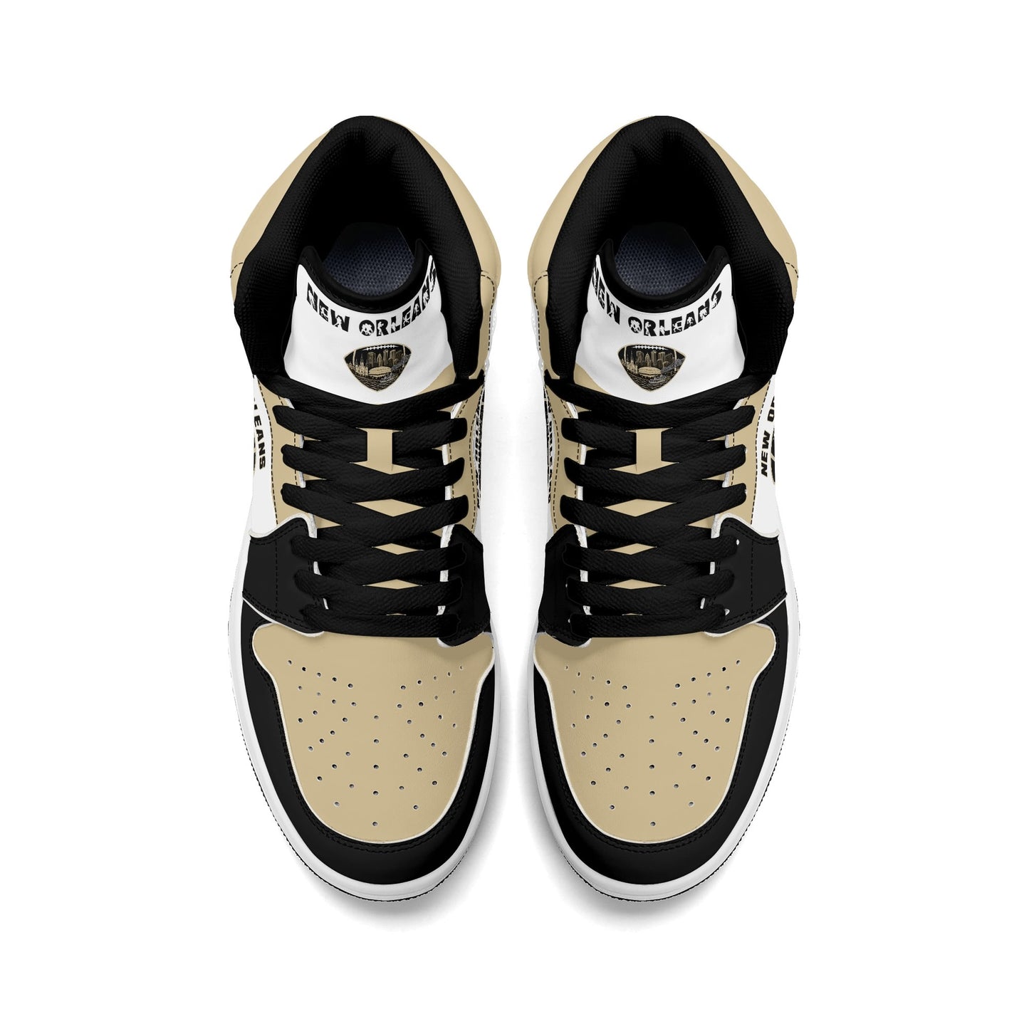 New Orleans football-inspired Jamrock High top sneaker in white with old gold and black and a French Quarter skyline football badge