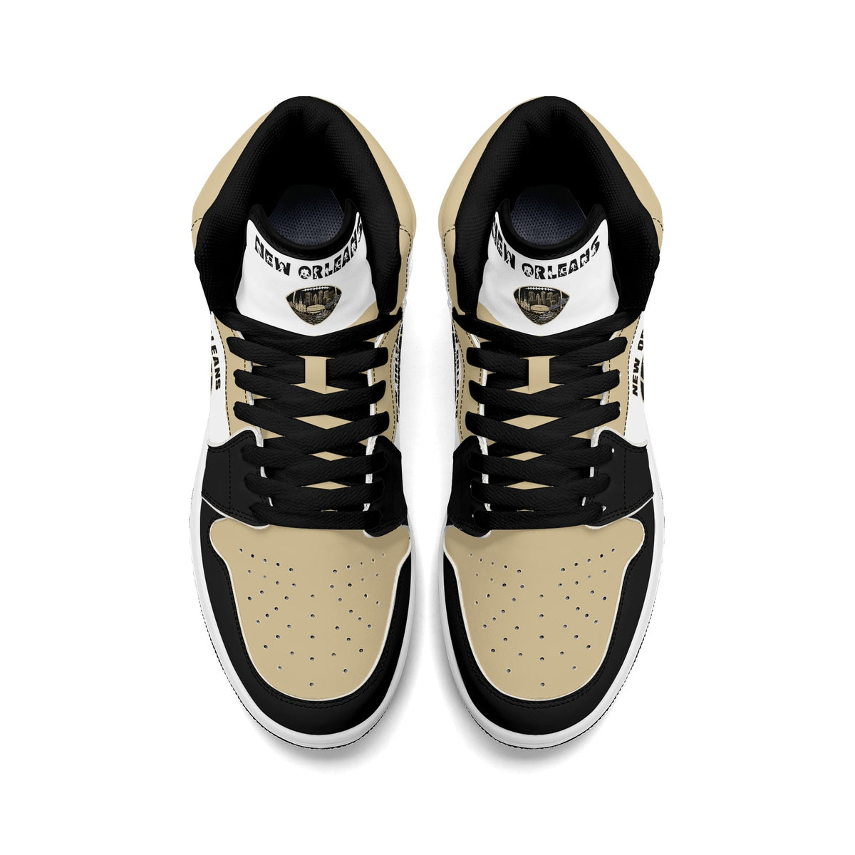 New Orleans football-inspired Jamrock High top sneaker in white with old gold and black and a French Quarter skyline football badge