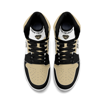New Orleans football-inspired Jamrock High top sneaker in white with old gold and black and a French Quarter skyline football badge