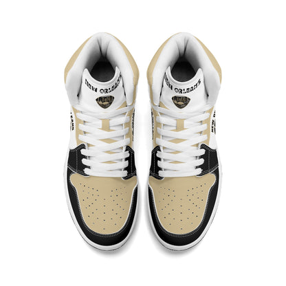 New Orleans football-inspired Jamrock High top sneaker in white with old gold and black and a French Quarter skyline football badge