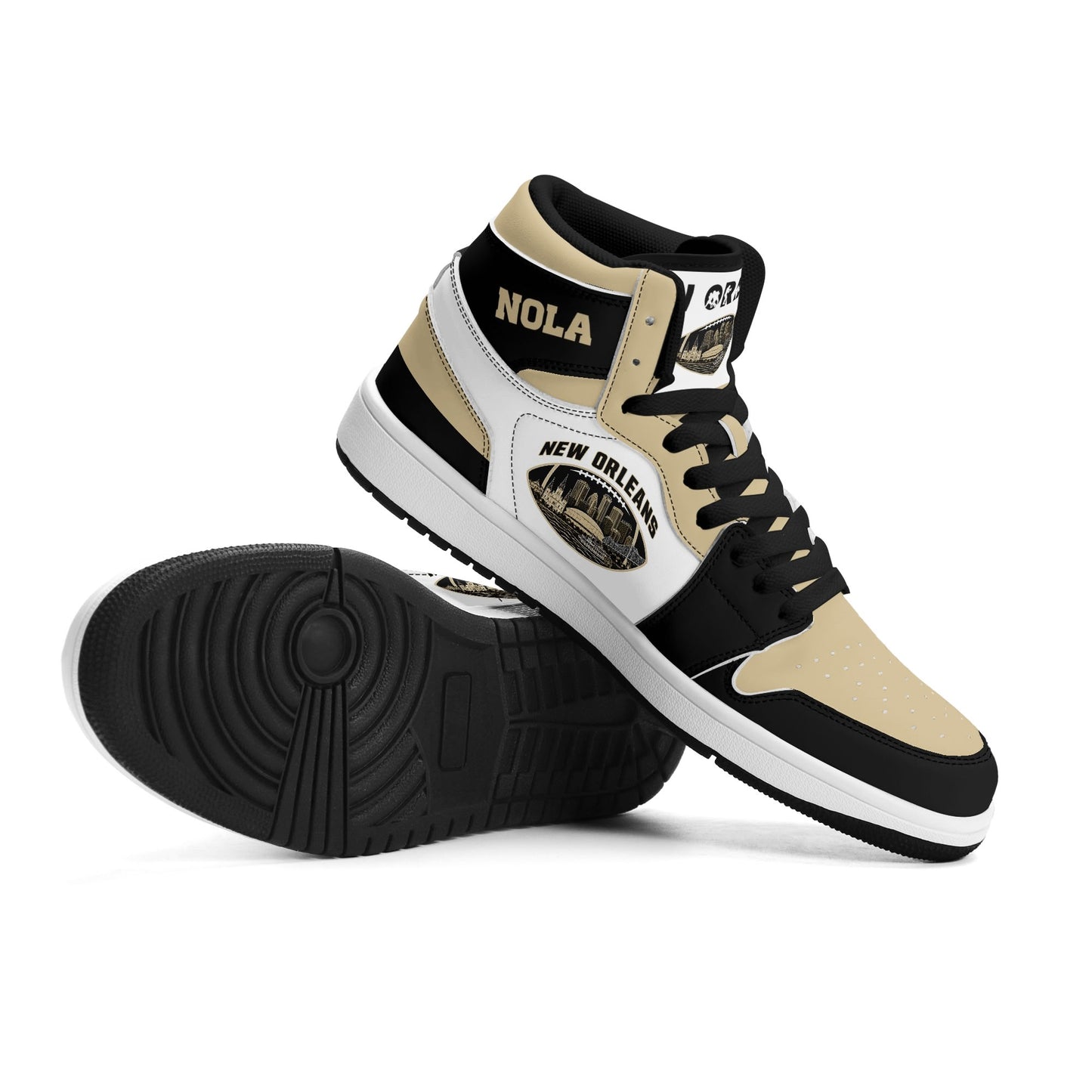 New Orleans football-inspired Jamrock High top sneaker in white with old gold and black and a French Quarter skyline football badge