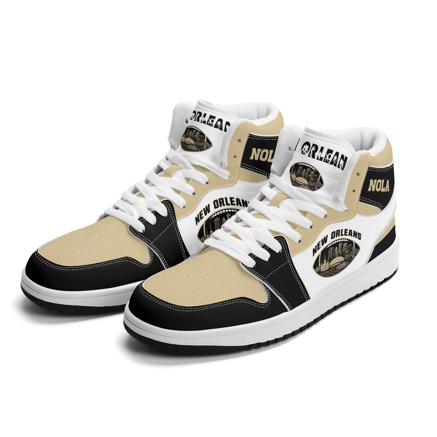 New Orleans football-inspired Jamrock High top sneaker in white with old gold and black and a French Quarter skyline football badge