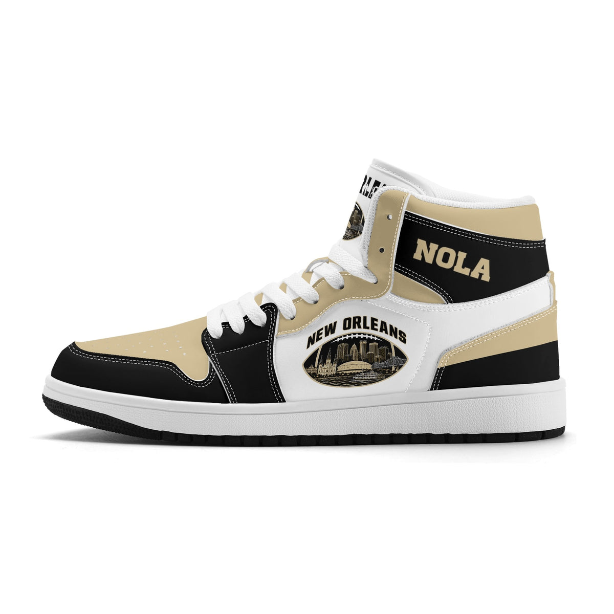 New Orleans football-inspired Jamrock High top sneaker in white with old gold and black and a French Quarter skyline football badge