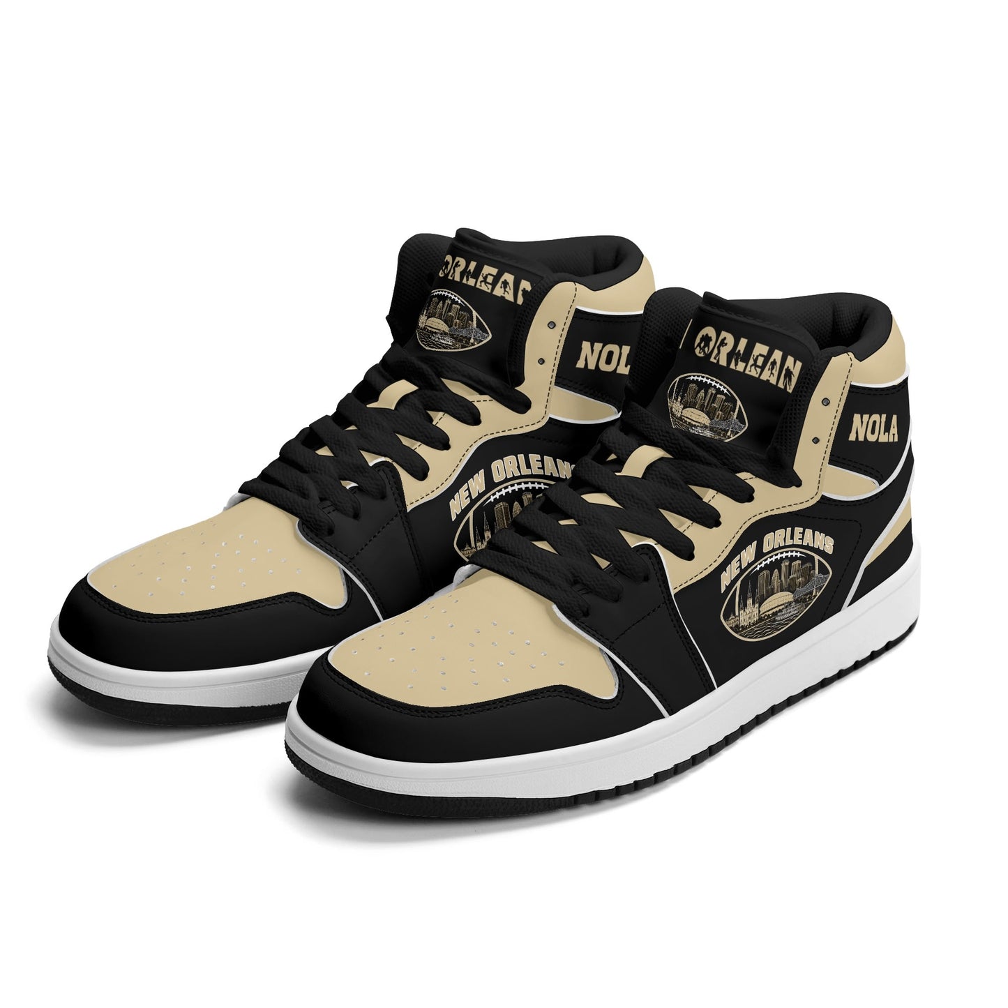 New Orleans football-inspired Jamrock High top sneaker in black and old gold with a French Quarter skyline football badge and NOLA heel stamp