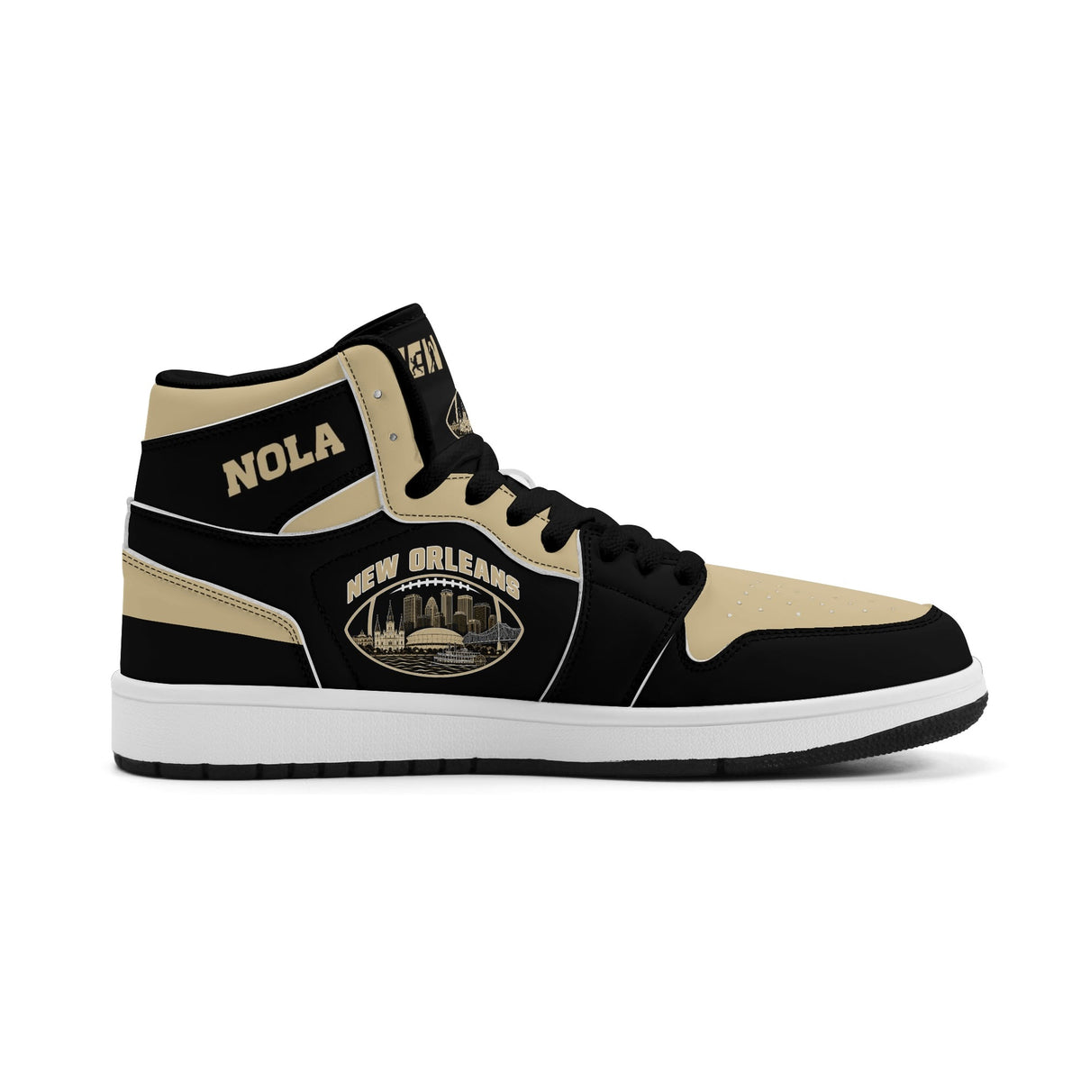 New Orleans football-inspired Jamrock High top sneaker in black and old gold with a French Quarter skyline football badge and NOLA heel stamp