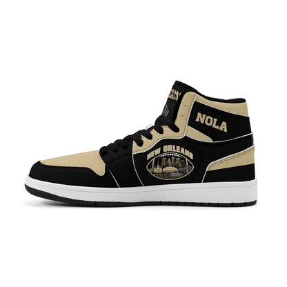 New Orleans football-inspired Jamrock High top sneaker in black and old gold with a French Quarter skyline football badge and NOLA heel stamp