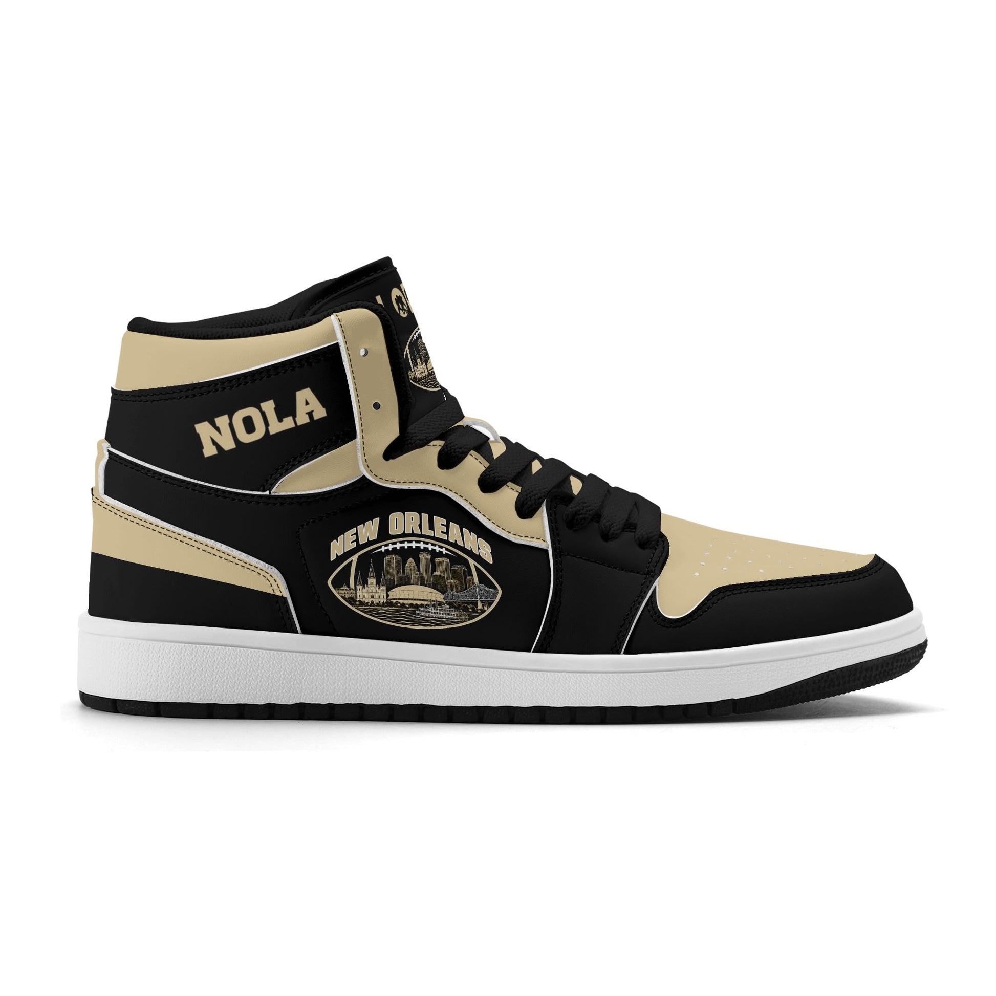 New Orleans football-inspired Jamrock High top sneaker in black and old gold with a French Quarter skyline football badge and NOLA heel stamp