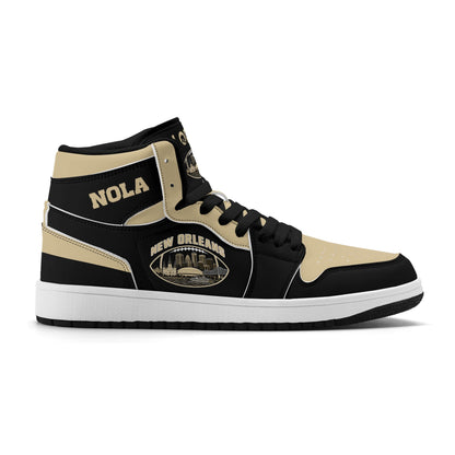 New Orleans football-inspired Jamrock High top sneaker in black and old gold with a French Quarter skyline football badge and NOLA heel stamp