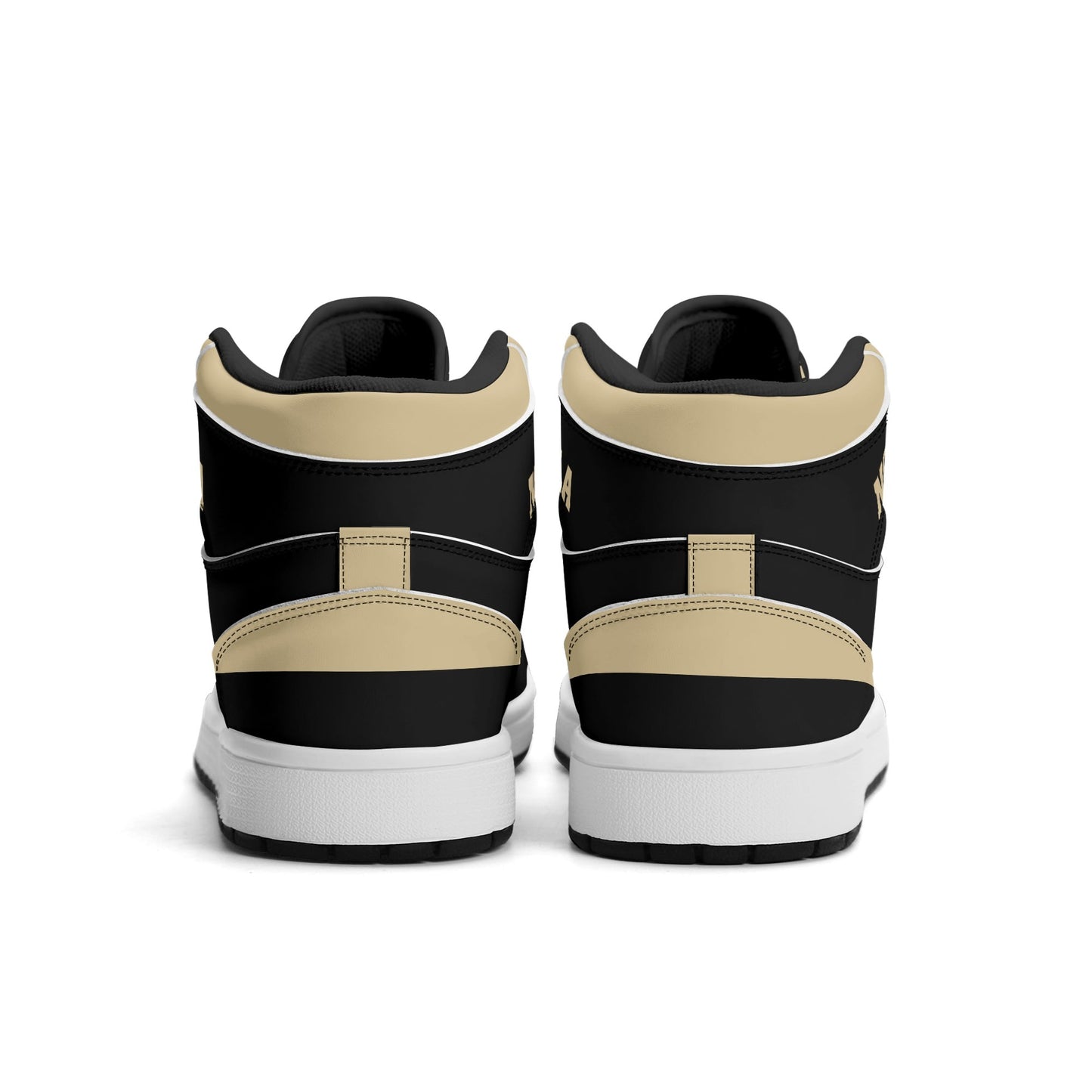 New Orleans football-inspired Jamrock High top sneaker in black and old gold with a French Quarter skyline football badge and NOLA heel stamp