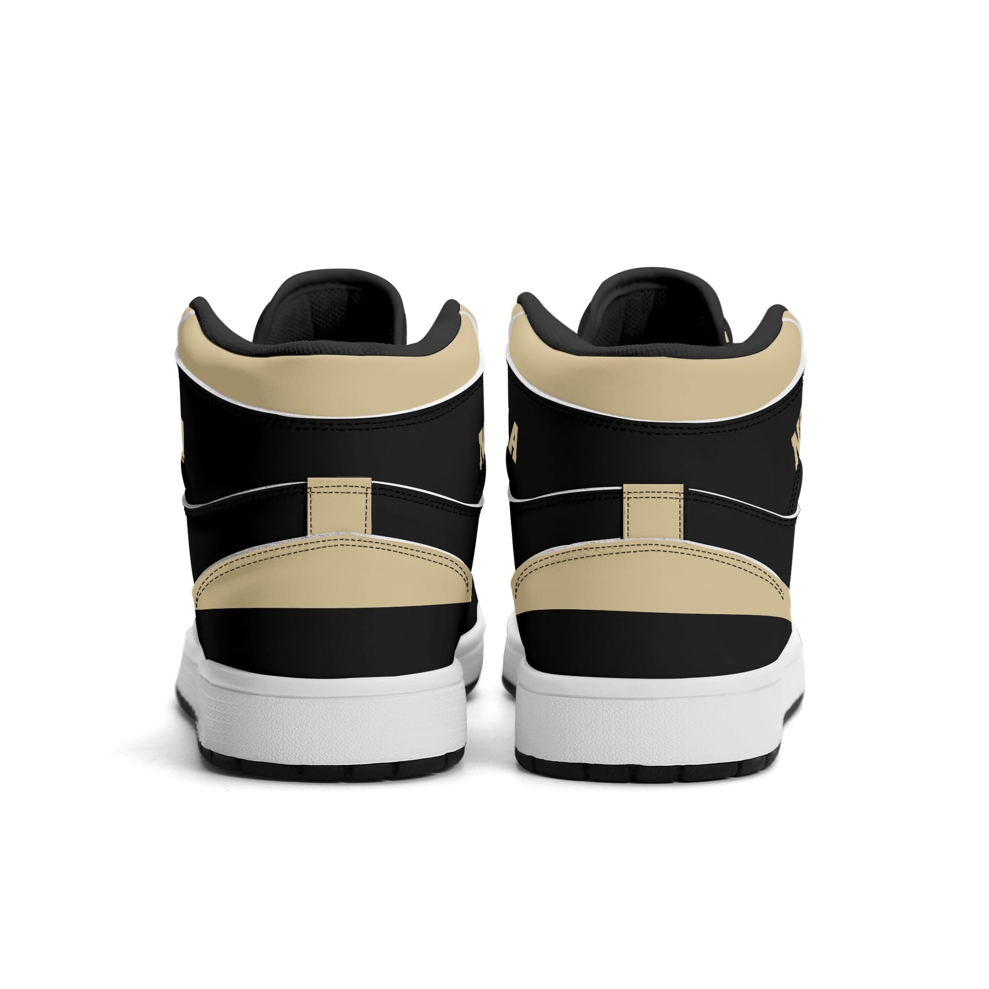 New Orleans football-inspired Jamrock High top sneaker in black and old gold with a French Quarter skyline football badge and NOLA heel stamp