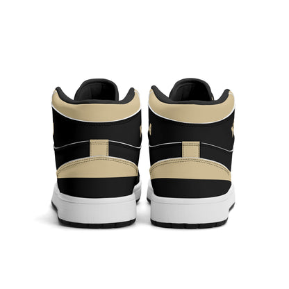 New Orleans football-inspired Jamrock High top sneaker in black and old gold with a French Quarter skyline football badge and NOLA heel stamp