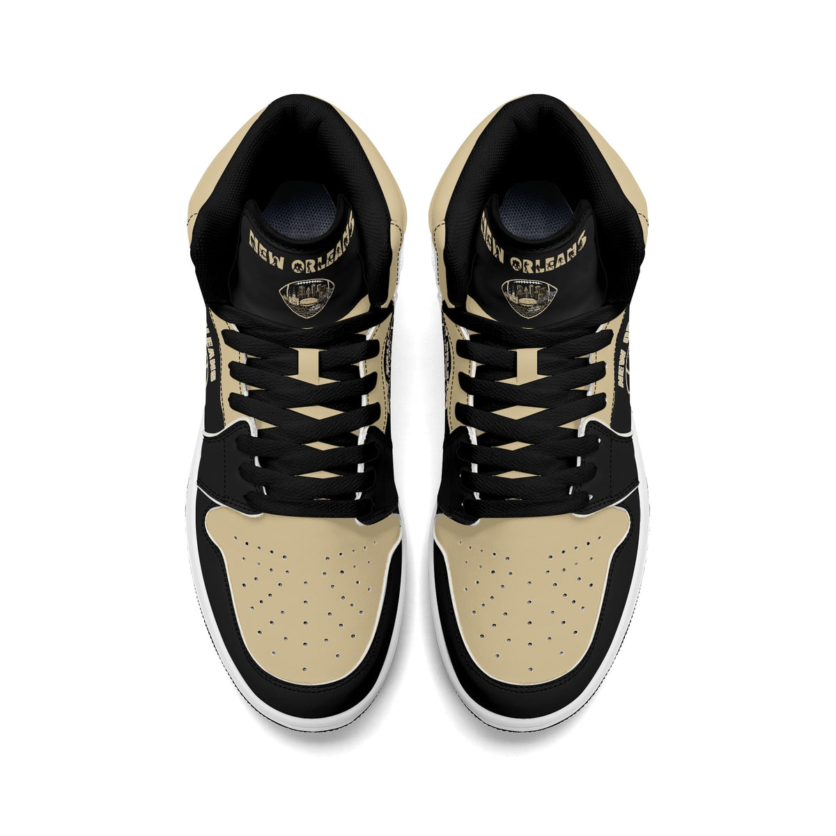 New Orleans football-inspired Jamrock High top sneaker in black and old gold with a French Quarter skyline football badge and NOLA heel stamp