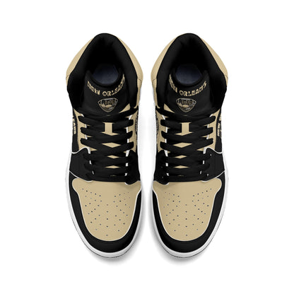 New Orleans football-inspired Jamrock High top sneaker in black and old gold with a French Quarter skyline football badge and NOLA heel stamp