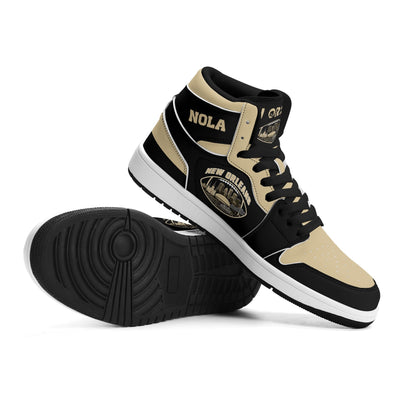 New Orleans football-inspired Jamrock High top sneaker in black and old gold with a French Quarter skyline football badge and NOLA heel stamp