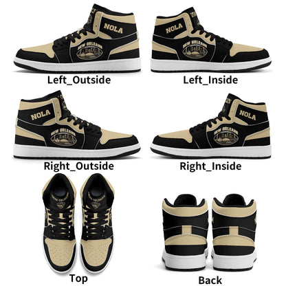 New Orleans football-inspired Jamrock High top sneaker in black and old gold with a French Quarter skyline football badge and NOLA heel stamp