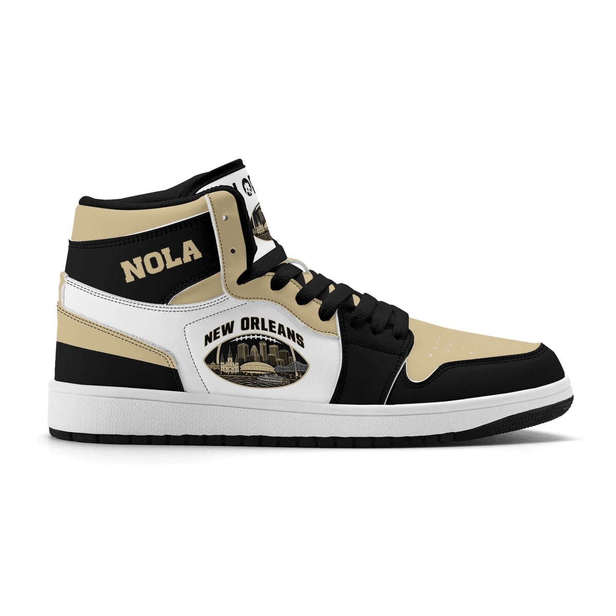 New Orleans football-inspired Jamrock High top sneaker in white with old gold and black and a French Quarter skyline football badge