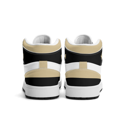 New Orleans football-inspired Jamrock High top sneaker in white with old gold and black and a French Quarter skyline football badge
