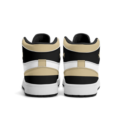 New Orleans football-inspired Jamrock High top sneaker in white with old gold and black and a French Quarter skyline football badge