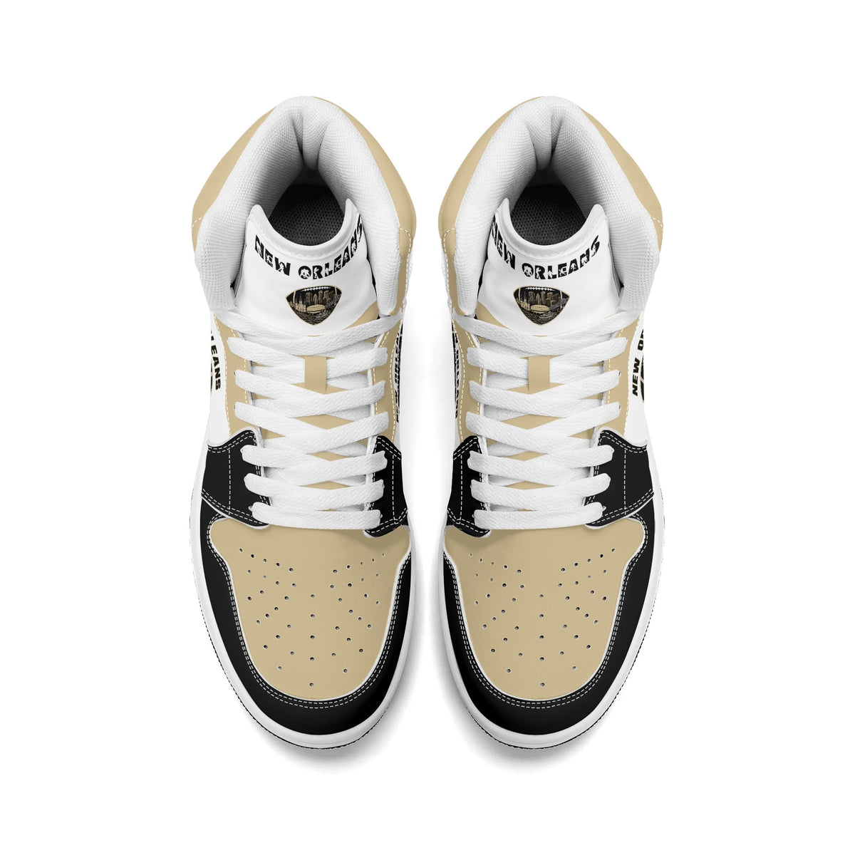 New Orleans football-inspired Jamrock High top sneaker in white with old gold and black and a French Quarter skyline football badge