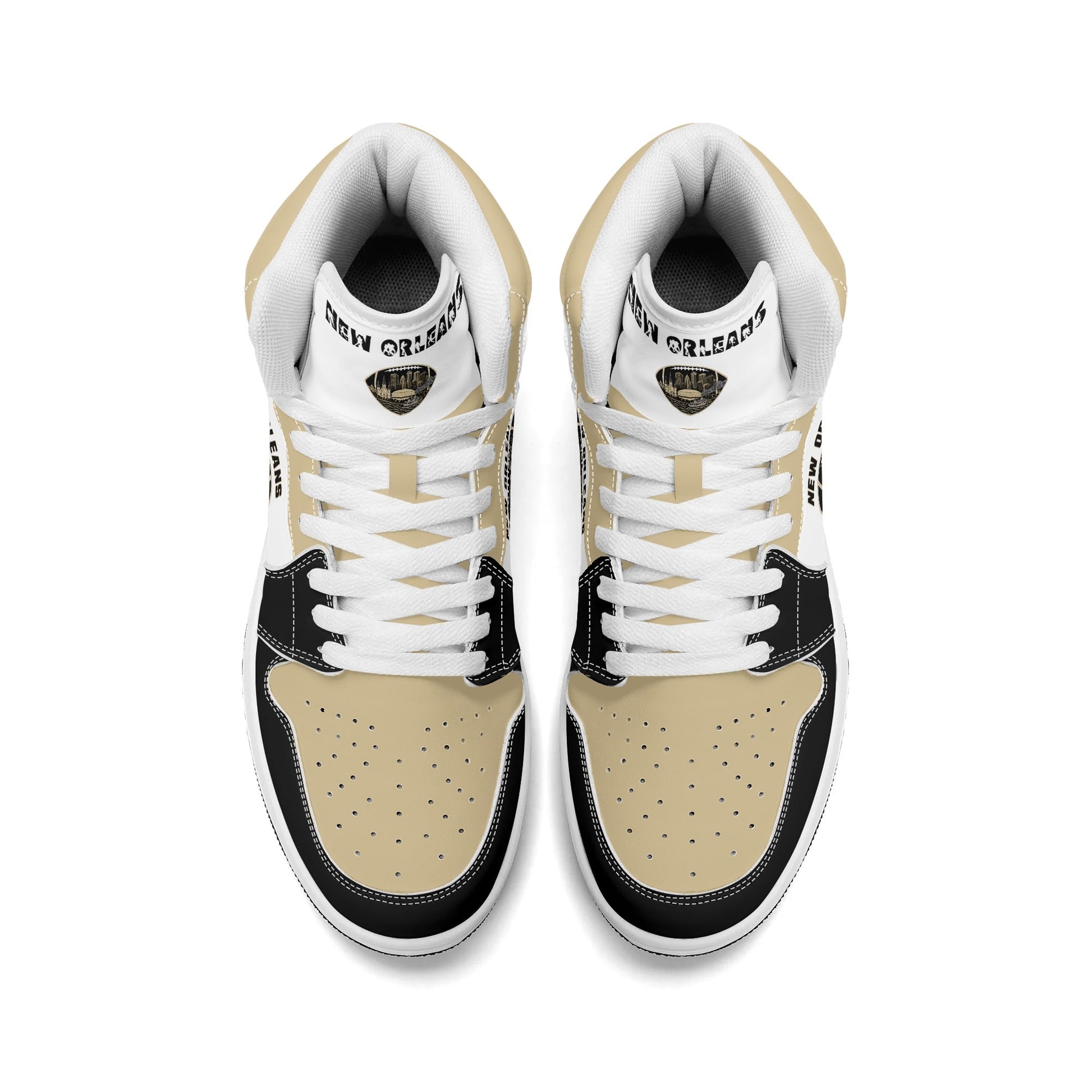 New Orleans football-inspired Jamrock High top sneaker in white with old gold and black and a French Quarter skyline football badge