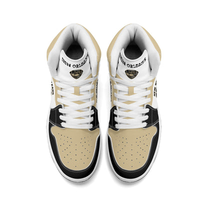 New Orleans football-inspired Jamrock High top sneaker in white with old gold and black and a French Quarter skyline football badge