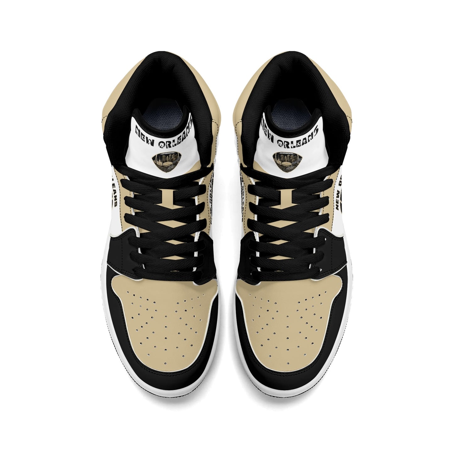 New Orleans football-inspired Jamrock High top sneaker in white with old gold and black and a French Quarter skyline football badge