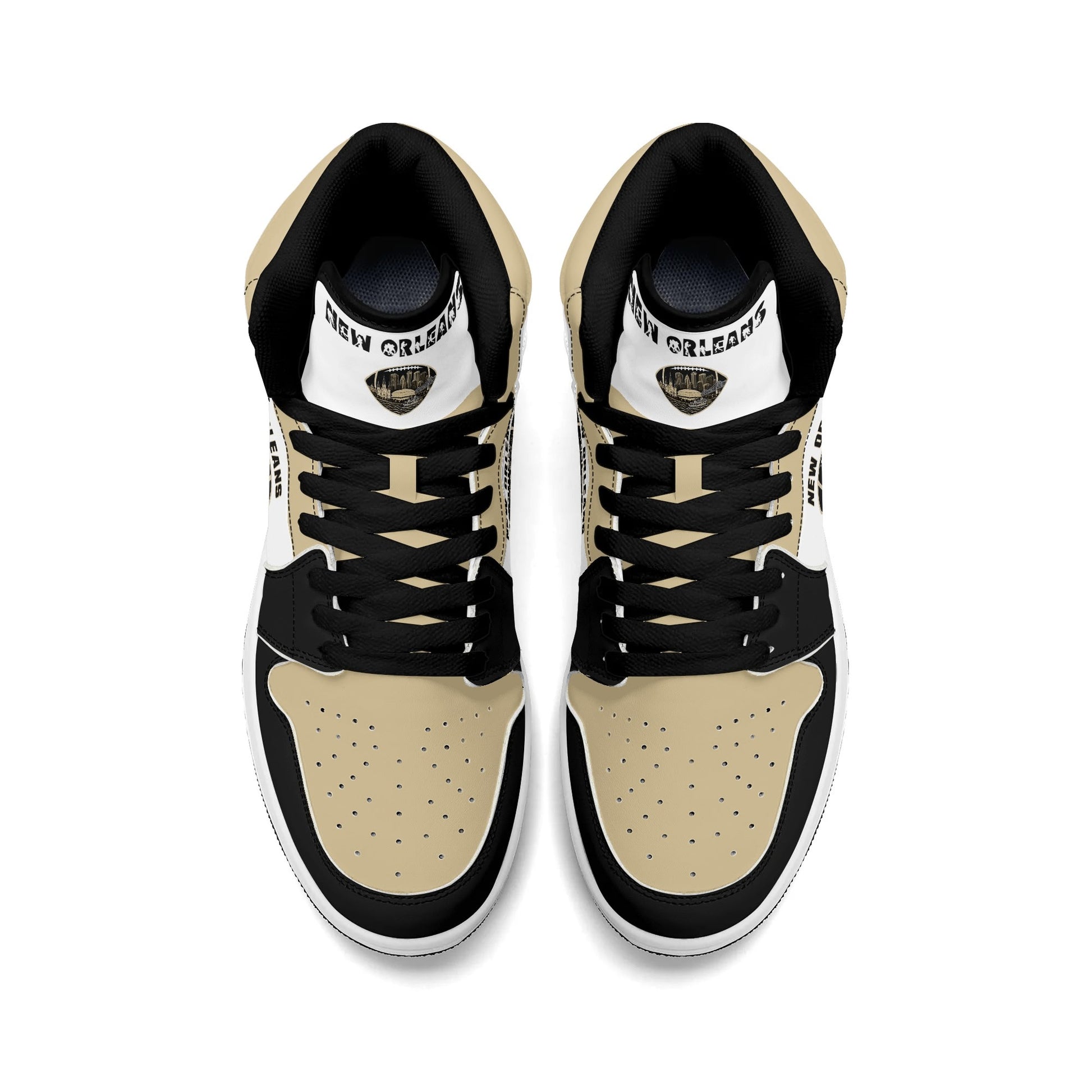 New Orleans football-inspired Jamrock High top sneaker in white with old gold and black and a French Quarter skyline football badge