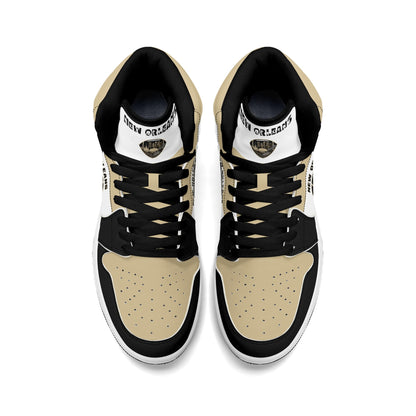 New Orleans football-inspired Jamrock High top sneaker in white with old gold and black and a French Quarter skyline football badge
