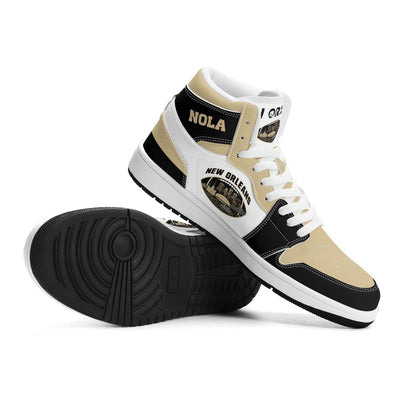 New Orleans football-inspired Jamrock High top sneaker in white with old gold and black and a French Quarter skyline football badge