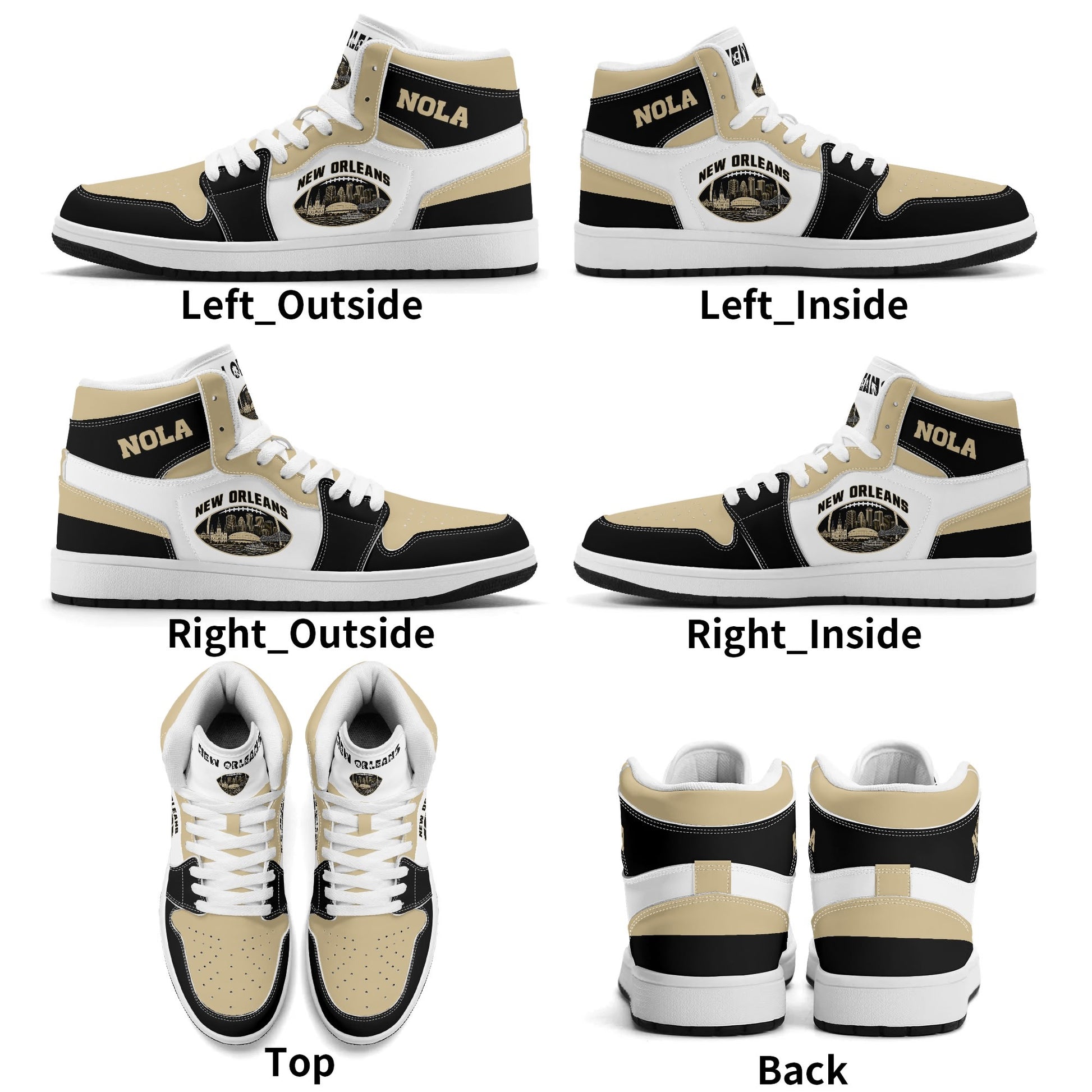 New Orleans football-inspired Jamrock High top sneaker in white with old gold and black and a French Quarter skyline football badge