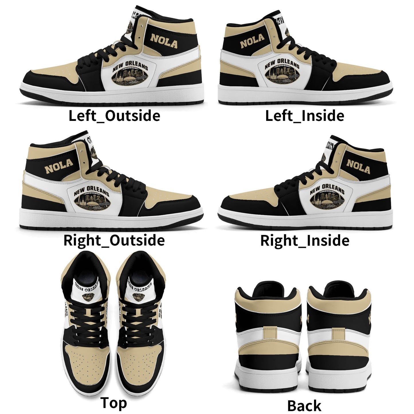 New Orleans football-inspired Jamrock High top sneaker in white with old gold and black and a French Quarter skyline football badge
