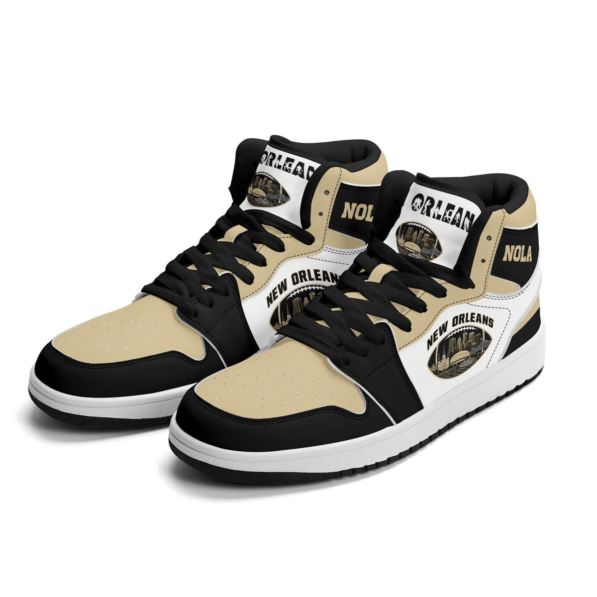 New Orleans football-inspired Jamrock High top sneaker in white with old gold and black and a French Quarter skyline football badge