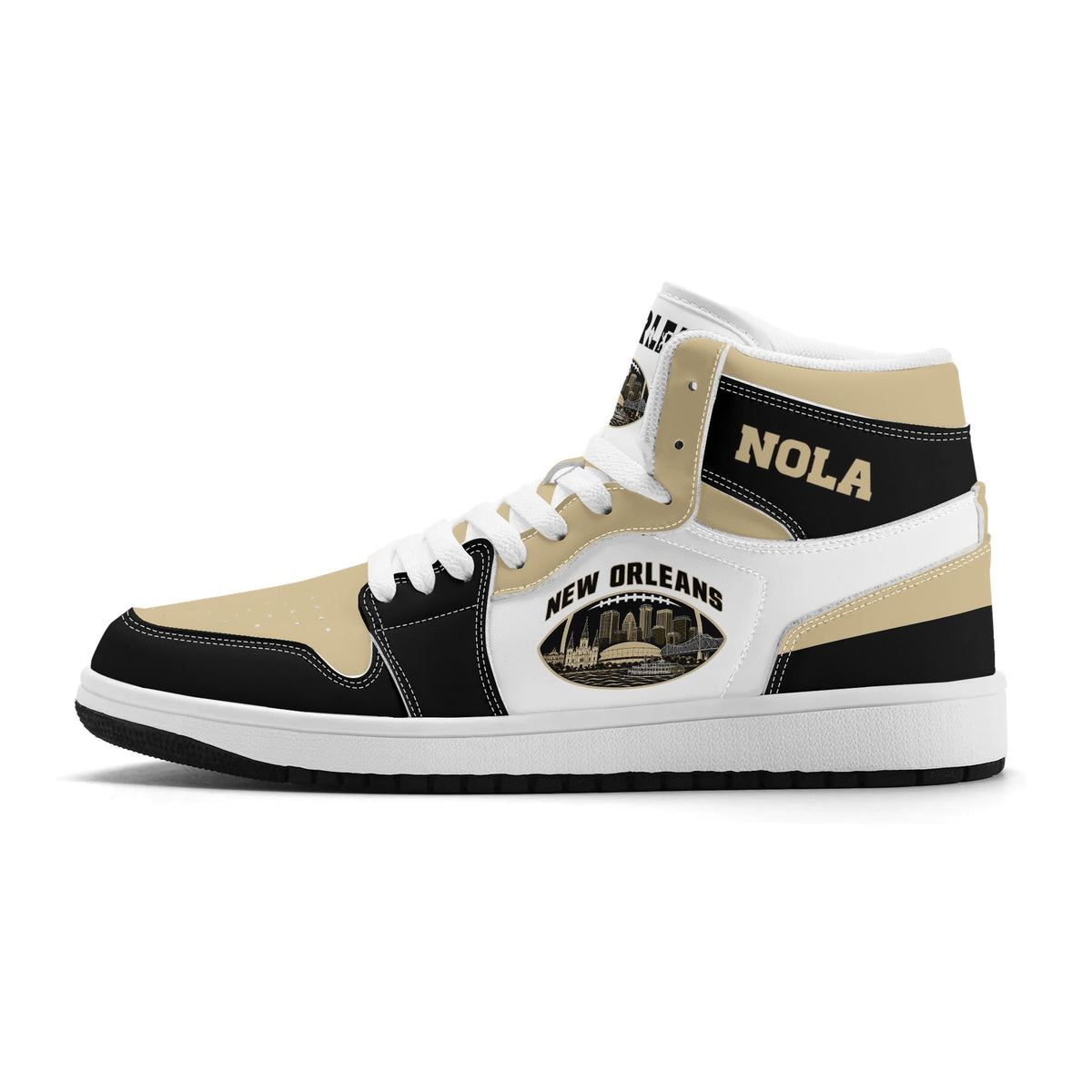 New Orleans football-inspired Jamrock High top sneaker in white with old gold and black and a French Quarter skyline football badge