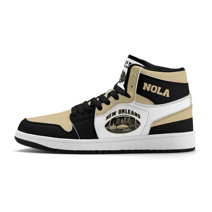New Orleans football-inspired Jamrock High top sneaker in white with old gold and black and a French Quarter skyline football badge