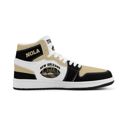 New Orleans football-inspired Jamrock High top sneaker in white with old gold and black and a French Quarter skyline football badge