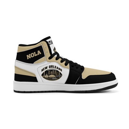 New Orleans football-inspired Jamrock High top sneaker in white with old gold and black and a French Quarter skyline football badge