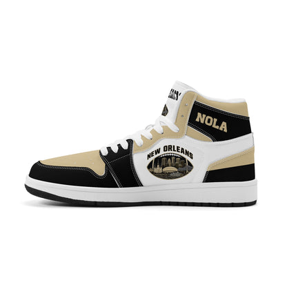 New Orleans football-inspired Jamrock High top sneaker in white with old gold and black and a French Quarter skyline football badge