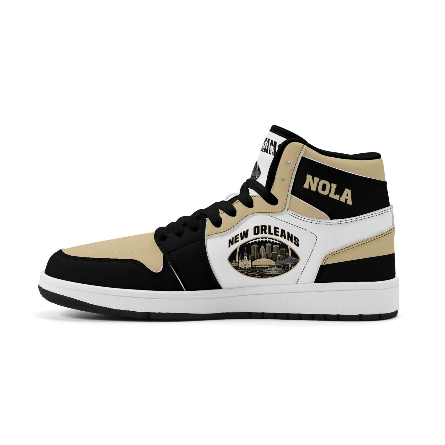 New Orleans football-inspired Jamrock High top sneaker in white with old gold and black and a French Quarter skyline football badge
