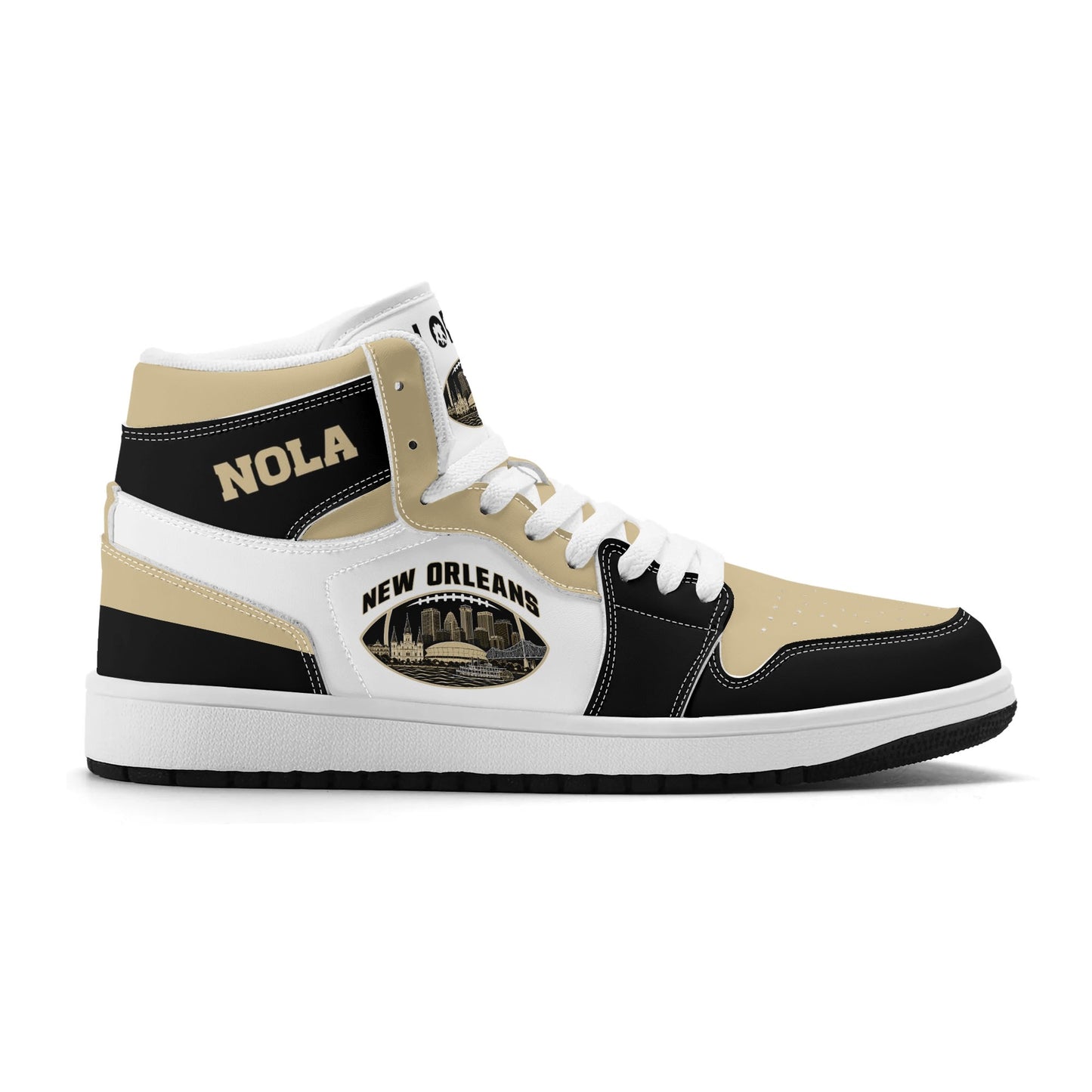 New Orleans football-inspired Jamrock High top sneaker in white with old gold and black and a French Quarter skyline football badge