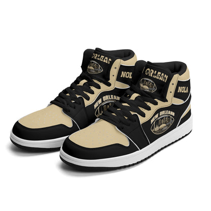 New Orleans football-inspired Jamrock High top sneaker in black and old gold with a French Quarter skyline football badge and NOLA heel stamp