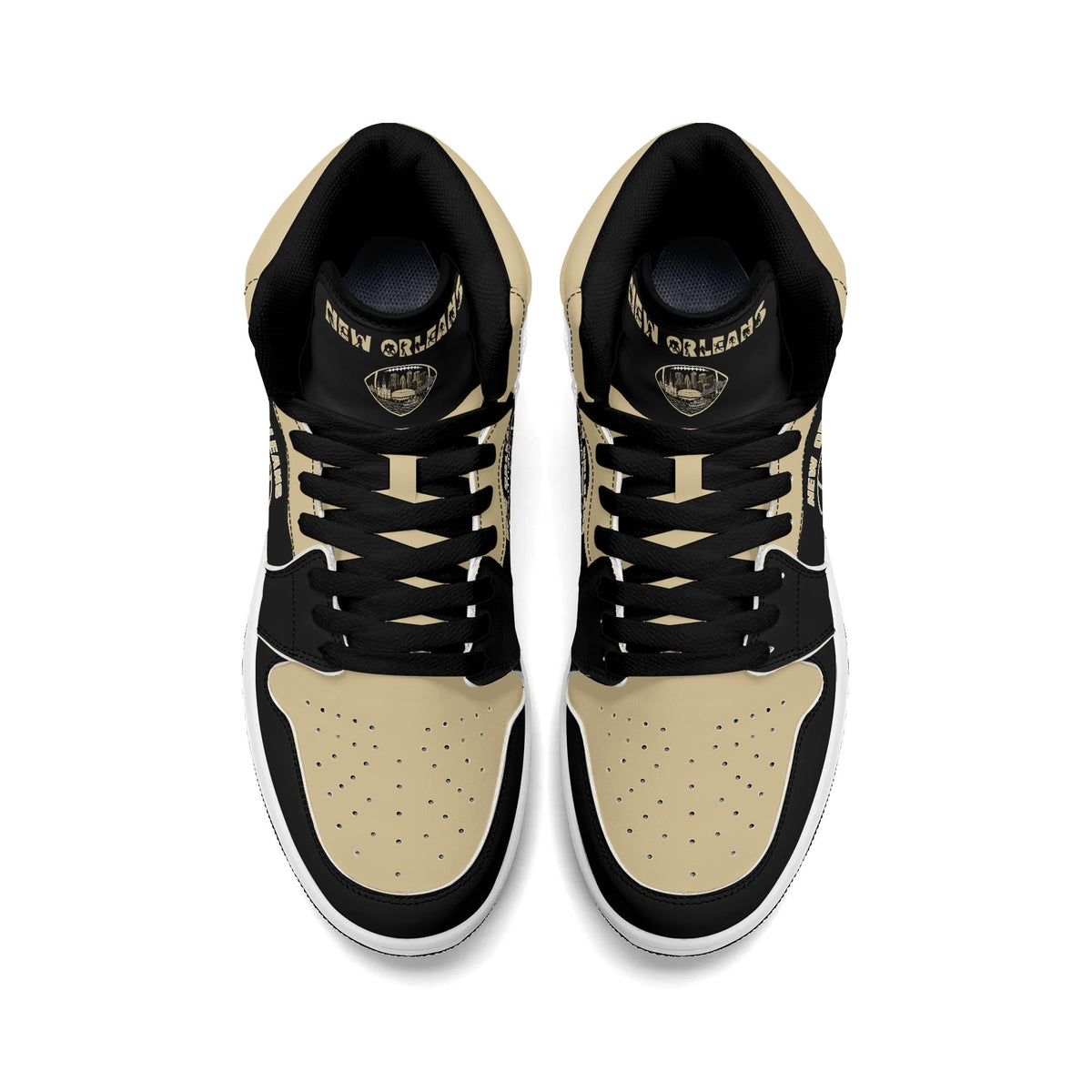 New Orleans football-inspired Jamrock High top sneaker in black and old gold with a French Quarter skyline football badge and NOLA heel stamp